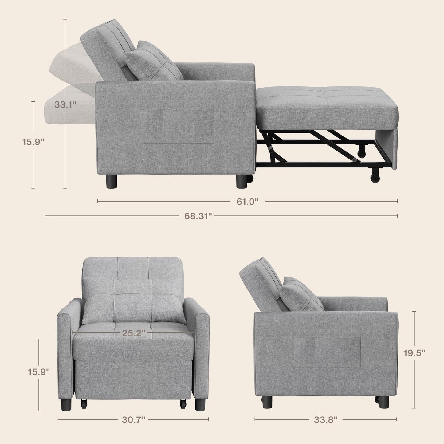 Aiho 3 in 1 Convertible Combo Couch, Foldable Single Sofa Bed Chair, Grey