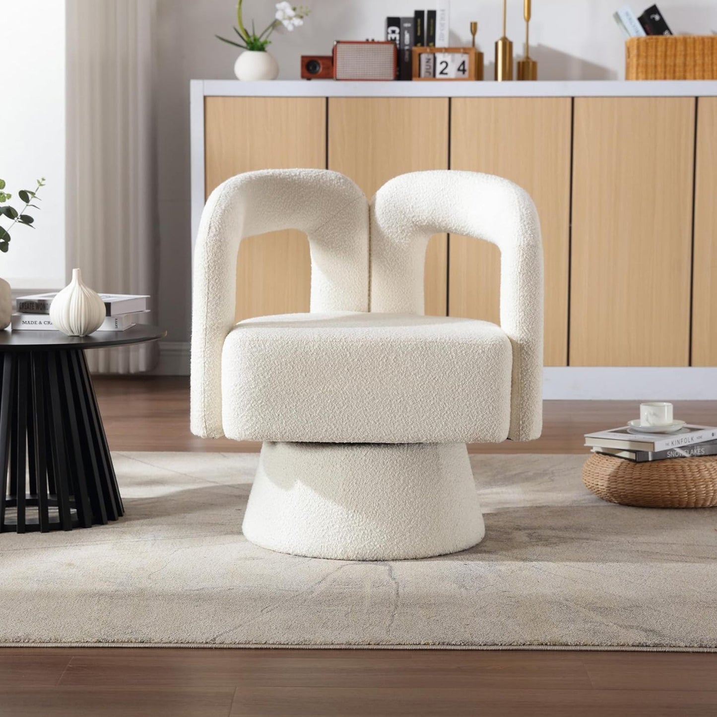 Tansole Swivel Accent Arm Chair Set of 2, Modern Boucle Upholstered 360 Degree Swivel Round Small Barrel Chair, Comfy Leisure Side Chair for Living Room, Bedroom,Beige,1