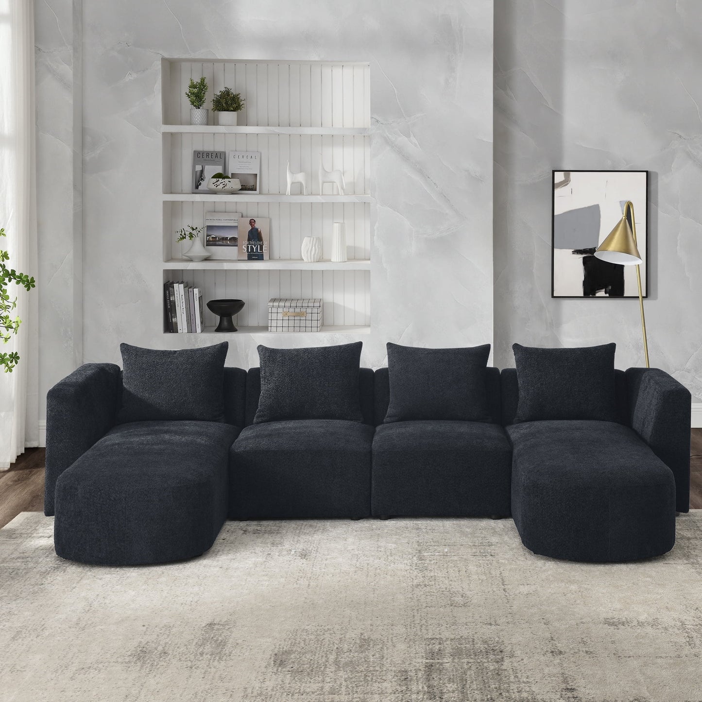 Black U Shape Sectional Sofa Couch, DIY Modular, Living Room Furniture, Includes 2 Seats & 2 Chaises