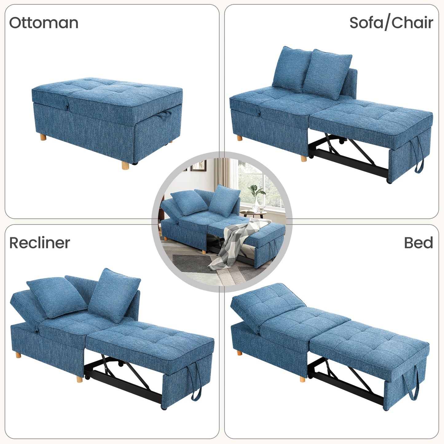 Funcid 4-in-1 Convertible Sleeper Chair Bed, Linen Sofa Bed for Small Space, Futon Sofa with 2 Throw Pillows for Living Room, Single Recliner with 5 Adjustable Backrest for Bedroom Apartment, Brown