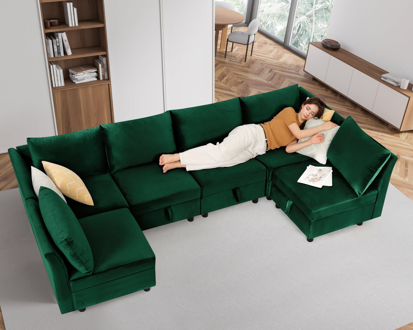 Funcid Modular Sofa and Couch, Modular Sectional Sleeper Couch with Storage, Oversized 6 Seat Convertible U Shaped Sectional Sofa for Home Living Room, Olive Green Velvet