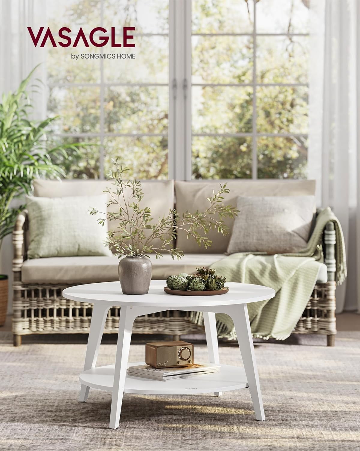 VASAGLE Round Coffee Table, 2 Tier Coffee Table with Storage, for Living Room, 31.5 x 17.7 Inches, Easy to Assemble, Snow White ULCT243W14