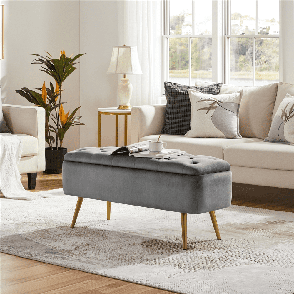 Alden Design Modern Velvet Upholstered Storage Bench with Metal Legs for Bedroom, Gray