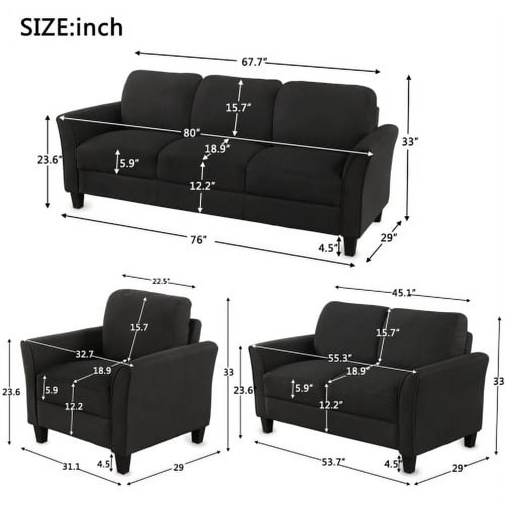 3 Piece Black Sofa Set including Armchair, Loveseat and Couch, Fully Upholstered Living Room Furniture