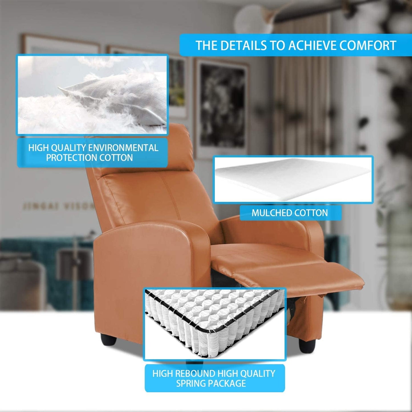 BestOffice Recliner Chair for Living Room Furniture Home Theater Seating Glider Chairs Modern Wingback Single Sofa PU Leather with Footrest (Tan)