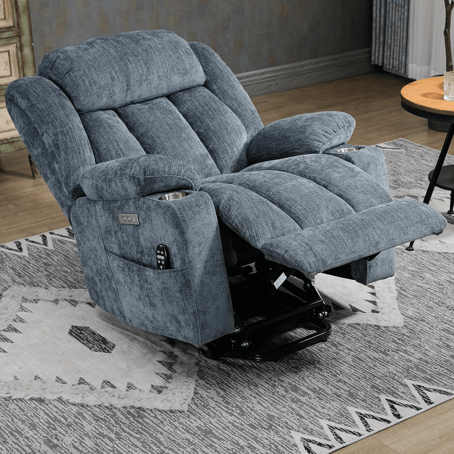 Trustyue Power Lift Recliner Chair Massage and Heating Function, USB Port, Stainless Steel Cup Holder, Chenille Blue