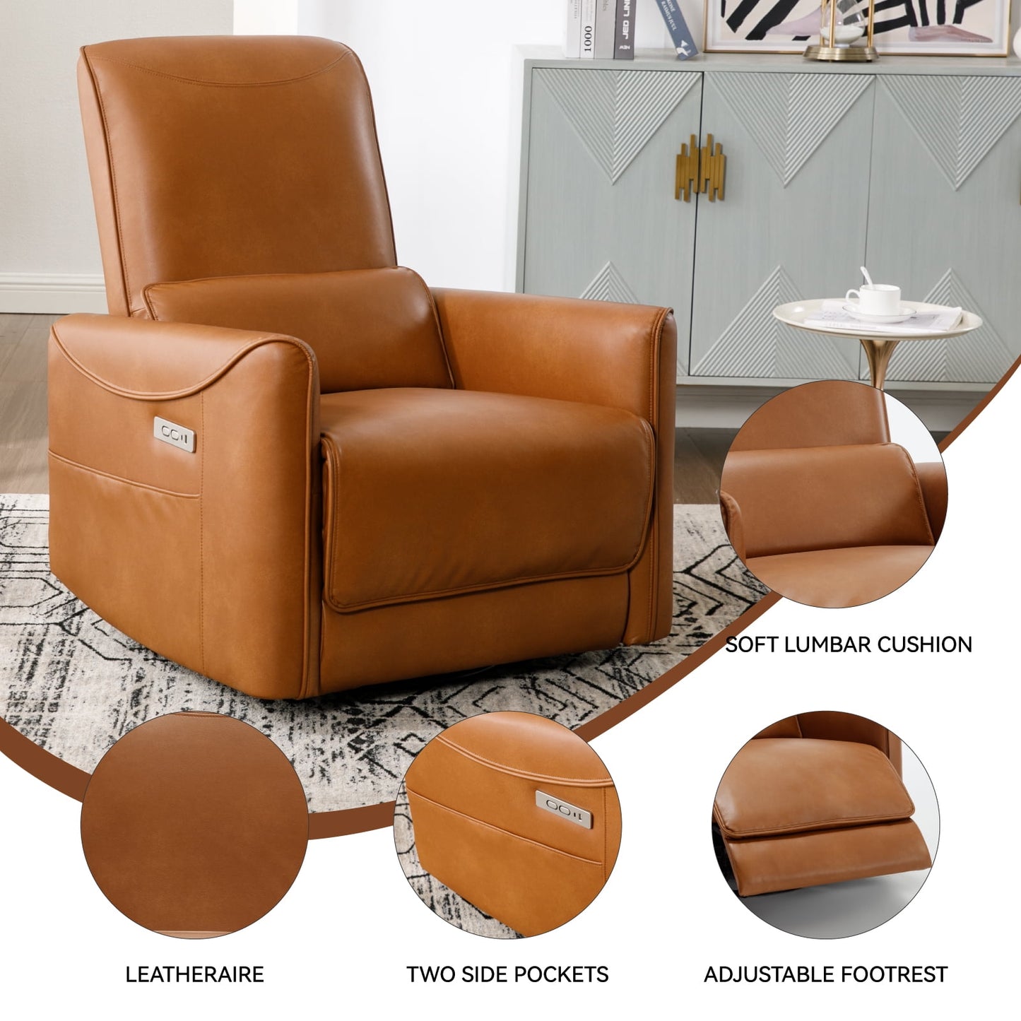 Trustyue Power Glider Swivel Rocker Recliner , Faux Leather Brown Chair for Living Room with USB and Type-C Ports
