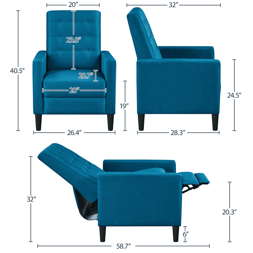 Alden Design Modern Tufted Fabric Push Back Recliner with Pocket Spring, Blue