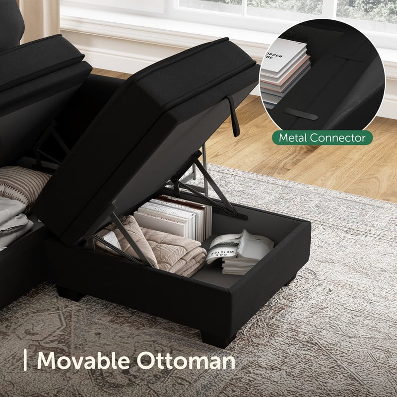 HONBAY 102.4in Velvet L-Shaped Sectional Sofa Upholstered Seat with Hidden Storage for Apartment, Dark Black