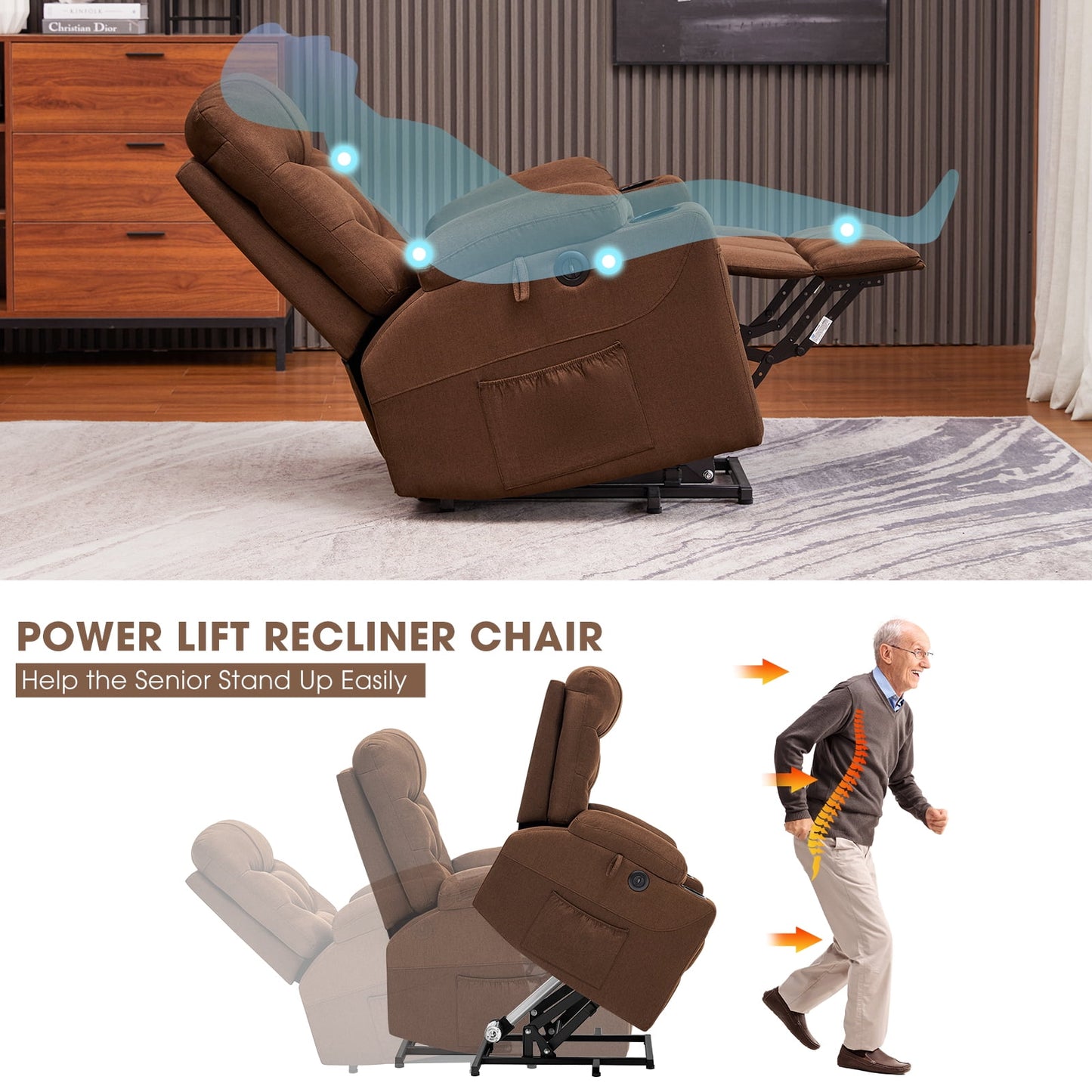 Brown Power Lift Recliner with Massage & Heat, Cup Holders, Remote Control, Elderly-User Friendly