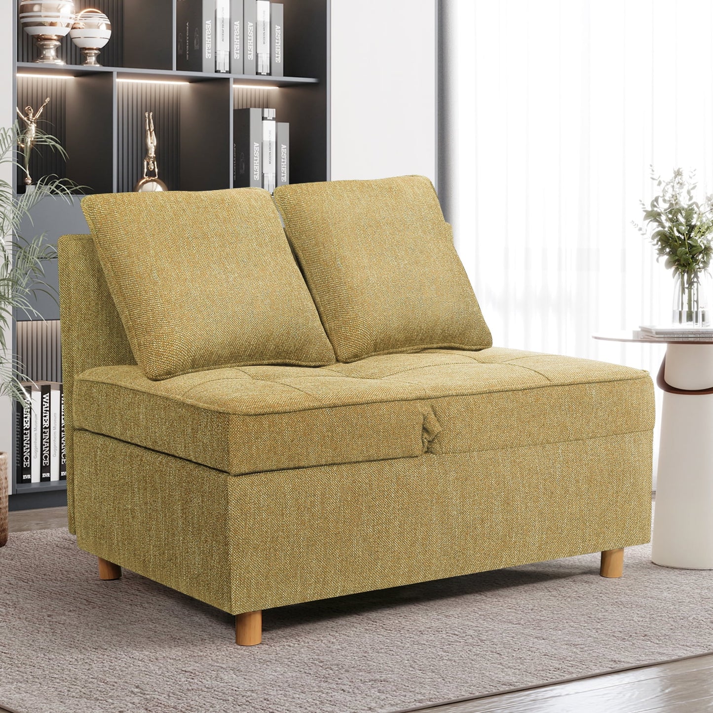 Funcid 4-in-1 Convertible Sleeper Chair Bed, Linen Sofa Bed for Small Space, Futon Sofa with 2 Throw Pillows for Living Room, Single Recliner with 5 Adjustable Backrest for Bedroom Apartment, Brown