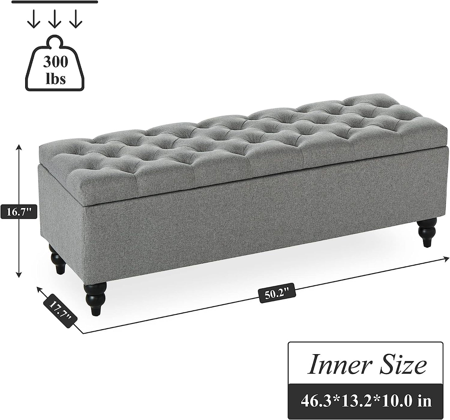 50.2 Inches Grey Upholstered Storage Ottoman Bench with Large Capacity, Perfect for Entryway, Bedroom, Living Room
