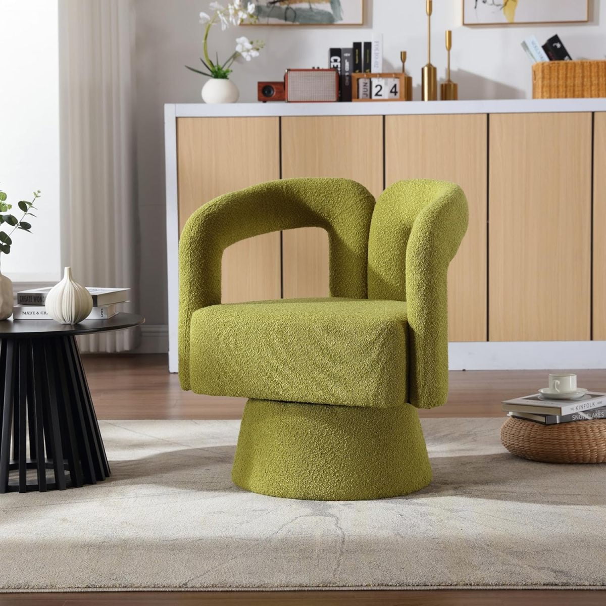 Tansole Swivel Accent Arm Chair Set of 2, Modern Boucle Upholstered 360 Degree Swivel Round Small Barrel Chair, Comfy Leisure Side Chair for Living Room, Bedroom,Olive Green,2