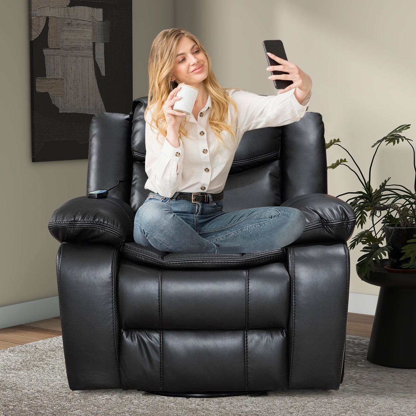 Faux Leather Recliner Chair Rocking Swivel Reclining Chair Wide Home Theater Seat for Living Room Black