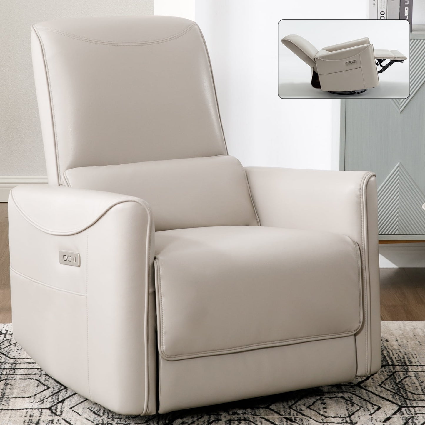 Trustyue Power Glider Swivel Rocker Recliner , Faux Leather Cream Chair for Living Room with USB and Type-C Ports