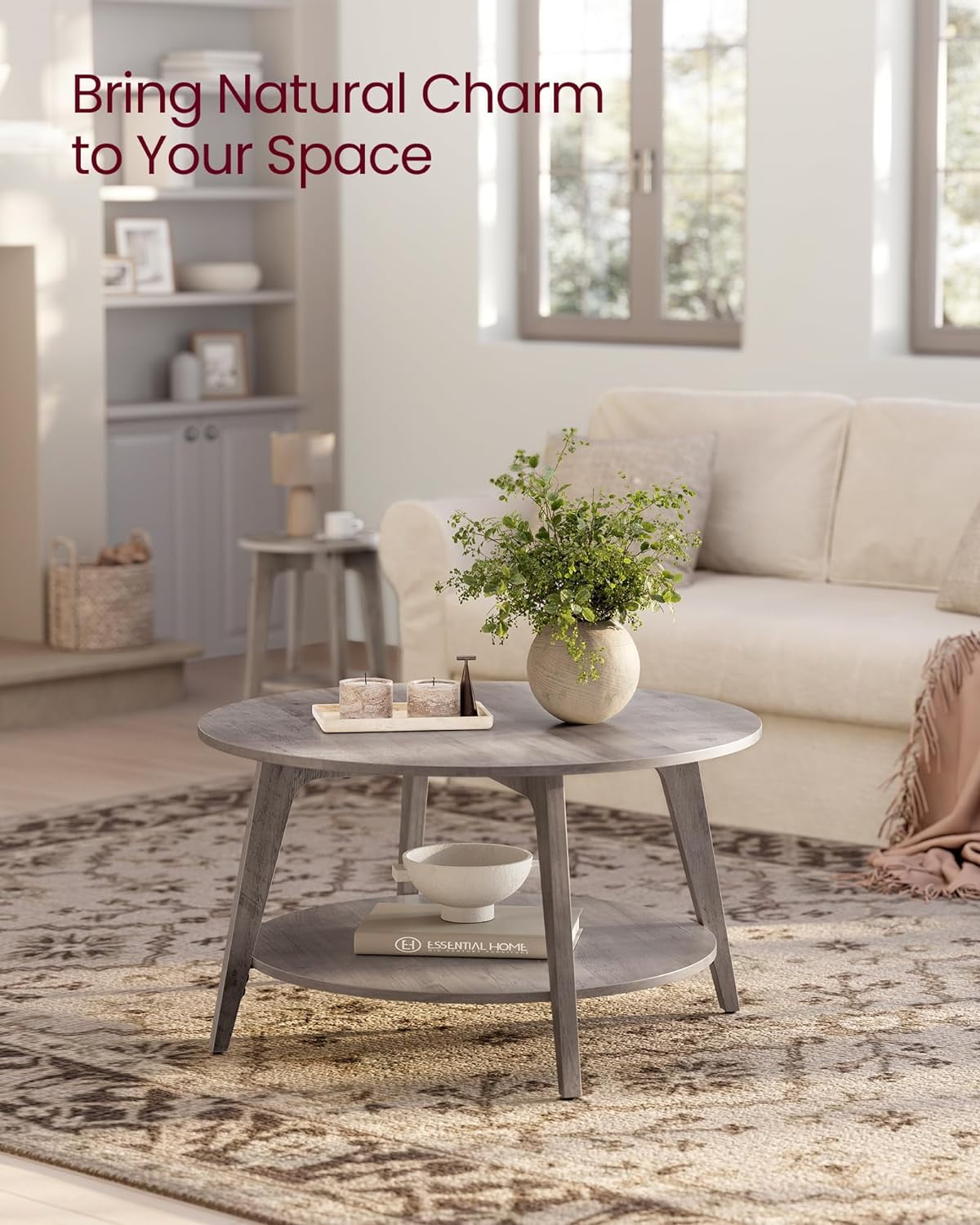 VASAGLE Round Coffee Table, 2 Tier Coffee Table with Storage, for Living Room, 31.5 x 17.7 Inches, Easy to Assemble, Heather Greige ULCT243K02