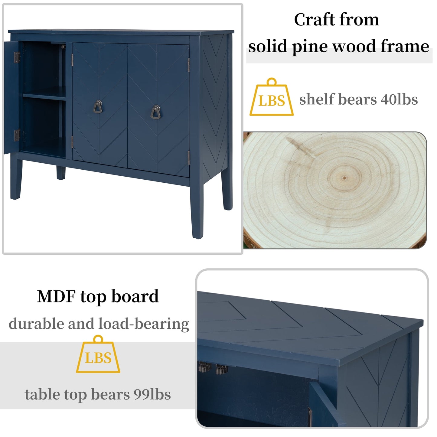 ENYOPRO Blue Wooden Sideboard Buffet Cabinet, Modern 3-Doors 3-Drawers Console Table, 44.9x14.8x31.1 inch