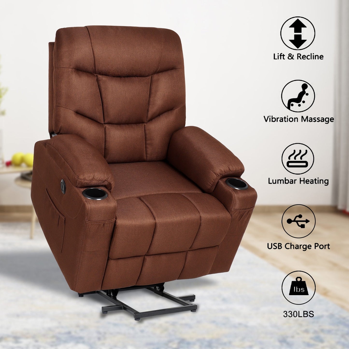 Brown Power Lift Recliner with Massage & Heat, Cup Holders, Remote Control, Elderly-User Friendly