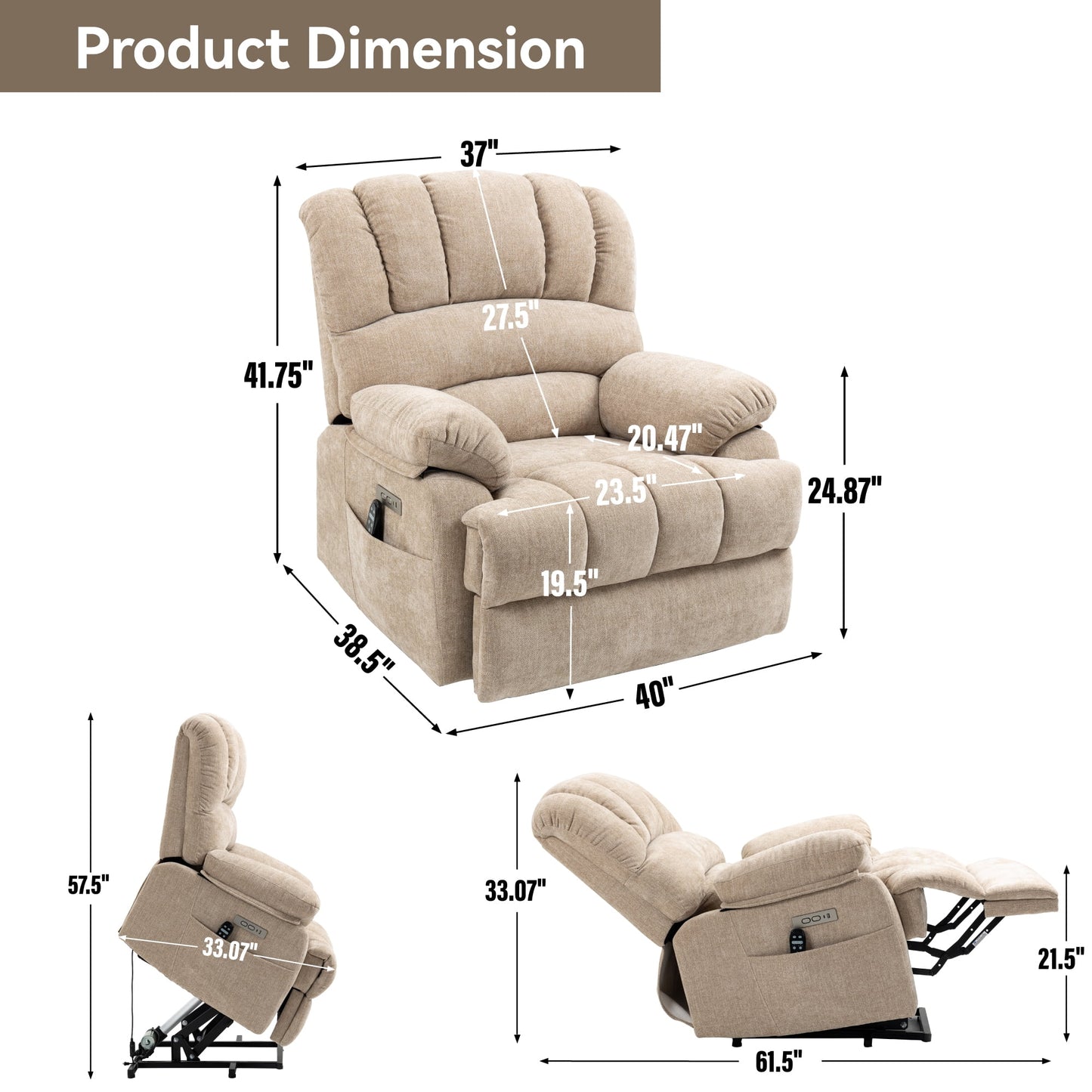 Trustyue Power Lift Recliner, Massage and Heating Function, USB °Û Type-C Ports, , Chenille Beige