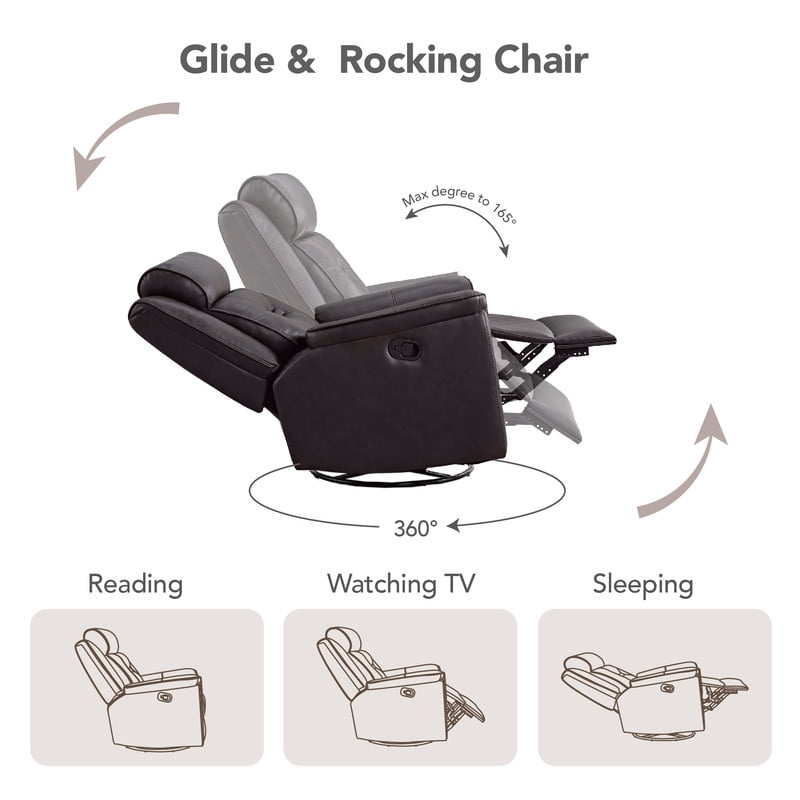 CHITA Recliner Chair for Adults Swivel Rocker Recliner with Adjustable Headrest for Living Room Faux Leather Home Theater Seating,Dark Brown