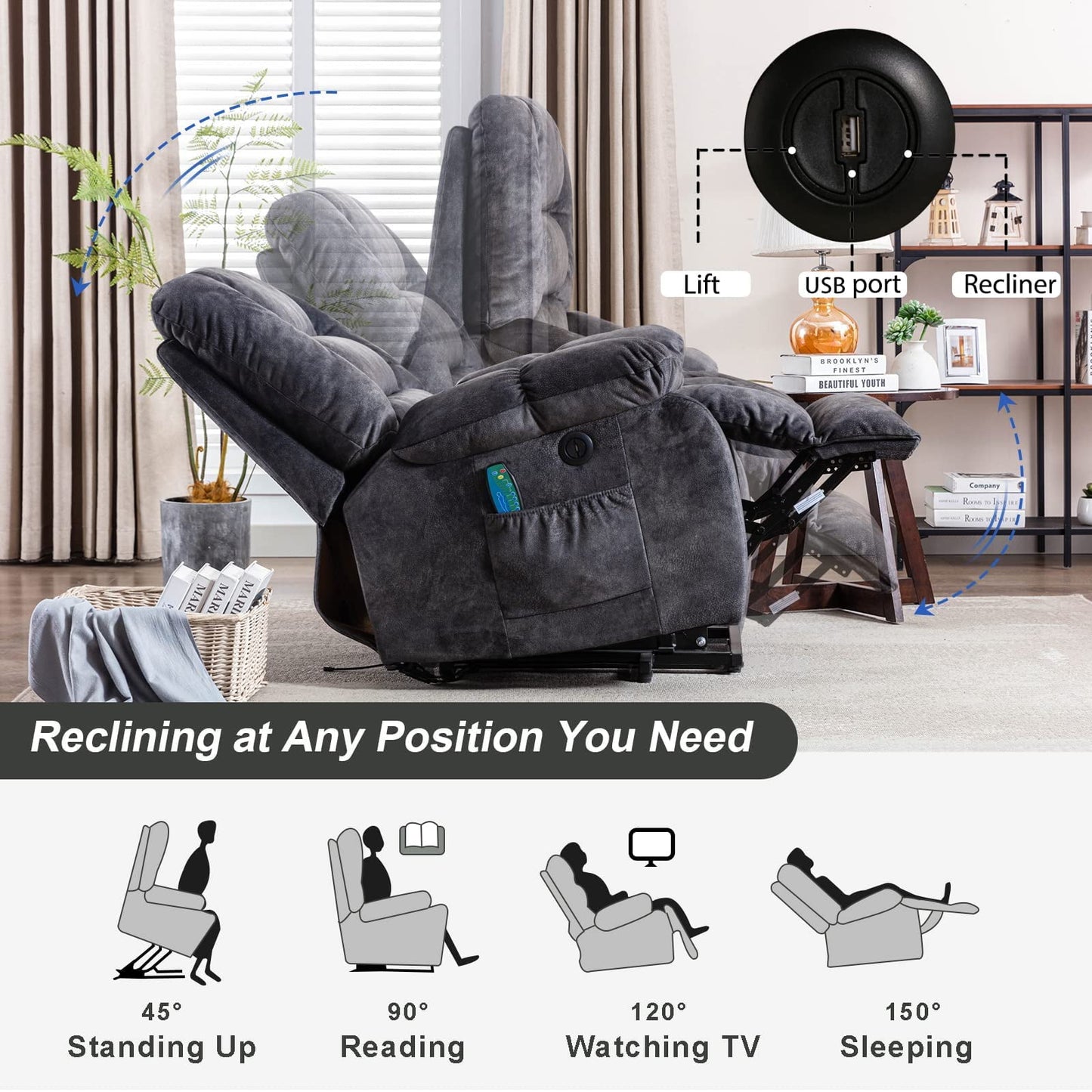 Electric Power Lift Recliner, Heavy Duty 330lbs Velvet Sofa Chair for Elderly, Ergonomic Lounge Single Sofa with 4 Positions Lift, Plush Arms and Remote Control, Storage Pockets, Grey, SS1817