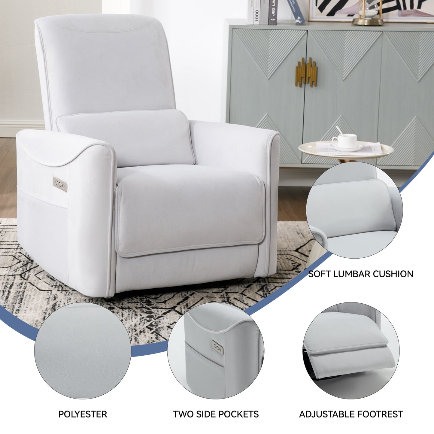 Trustyue Power Glider Swivel Rocker Recliner , Fabric White-Gray Chair for Living Room with USB and Type-C Ports