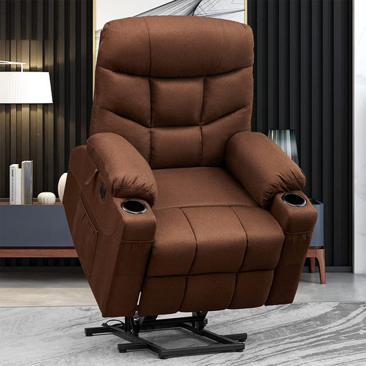 Brown Power Lift Recliner with Massage & Heat, Cup Holders, Remote Control, Elderly-User Friendly