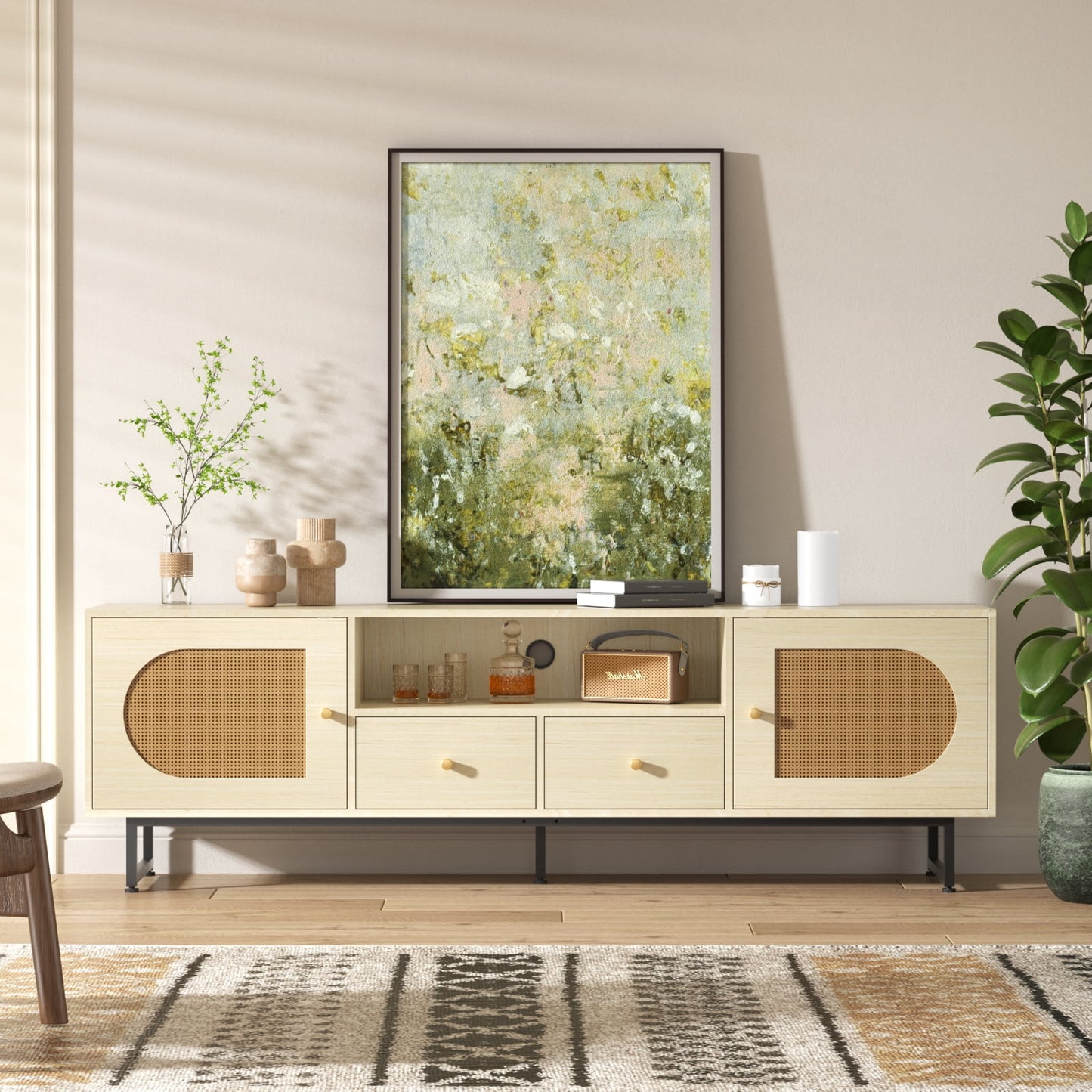 Veanerwood Rattan Entertainment Center with Storage Cabinets & Open Shelves, Beige