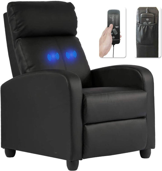 Ergonomic Black Leather Recliner Sofa with Massage Mode, Remote Control & Wide Seating