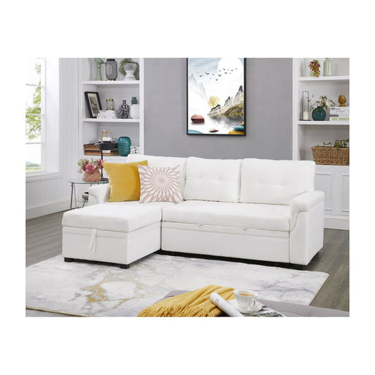 Leather L-Shaped Sectional Sleeper Couch with Pull-Out Bed - Small Living Room Sofa for Compact Spaces- Color:White,Fabric:Velvet