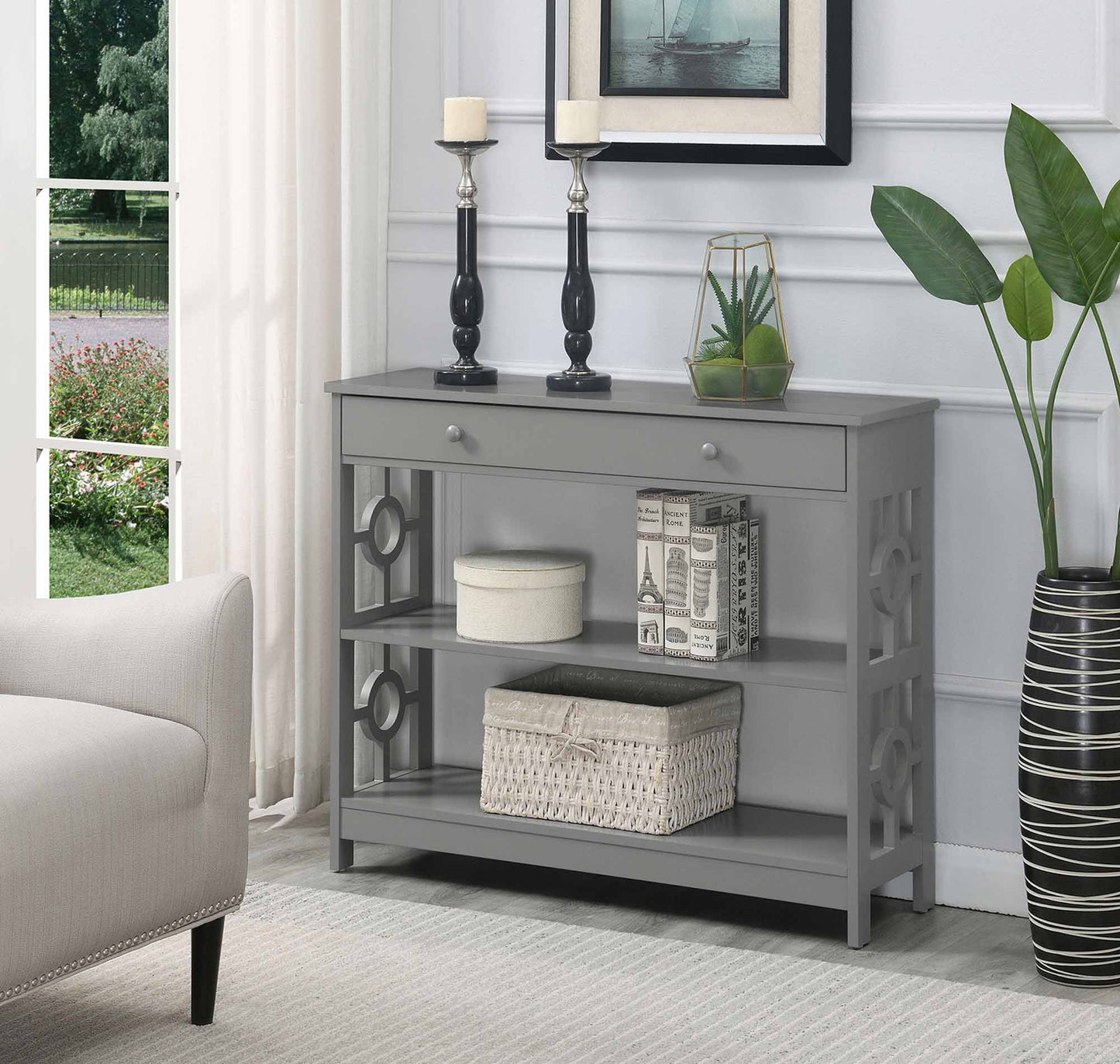 Convenience Concepts Ring 1 Drawer Console Table with Shelves, Gray