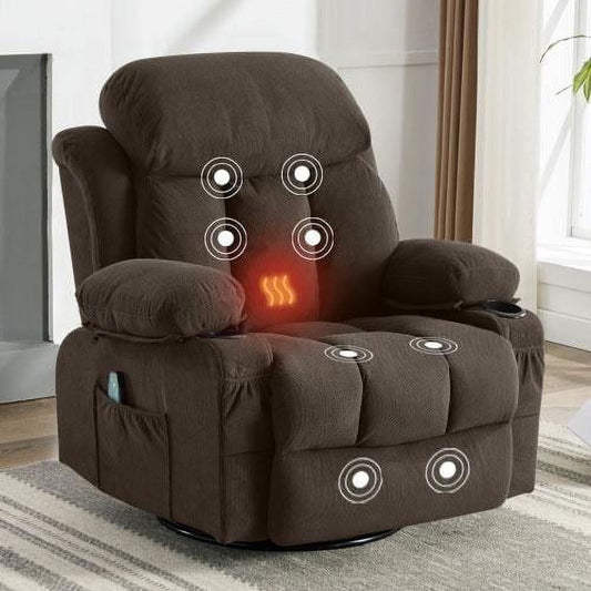 HSUNNS Oversized Rocker Recliner Chair with Swivel & Massage Function, Heat, USB Port and 2 Cup Holders, Brown