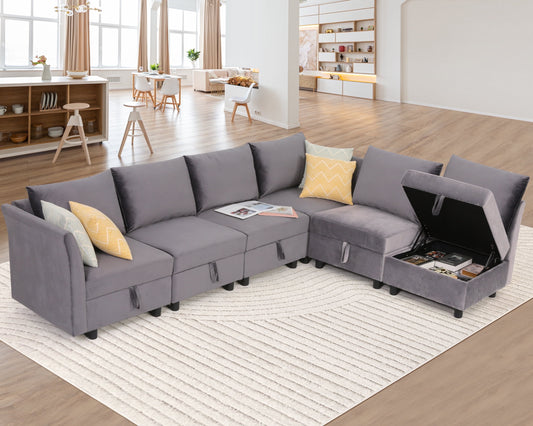 Funcid Modular Sofa and Couch, Modular Sectional Sleeper Couch with Storage, Oversized 6 Seat Convertible U Shaped Sectional Sofa for Home Living Room, Gray Velvet