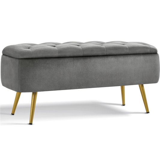 Alden Design Modern Velvet Upholstered Storage Bench with Metal Legs for Bedroom, Gray