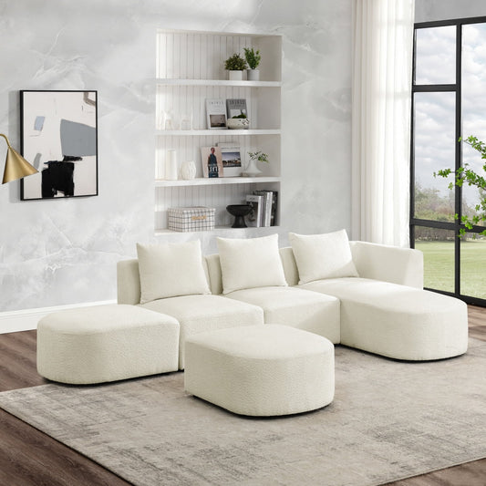 Large L-Shape Sectional Sofa Couch with Right Chaise and Ottoman, Beige Loop Yarn Fabric, DIY Modular for Living Room
