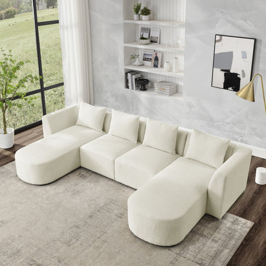 U-Shaped Sectional Sofa with 2 Seats, 2 Chaises, Ottoman, Pillows, Loop Yarn Fabric (Ivory)