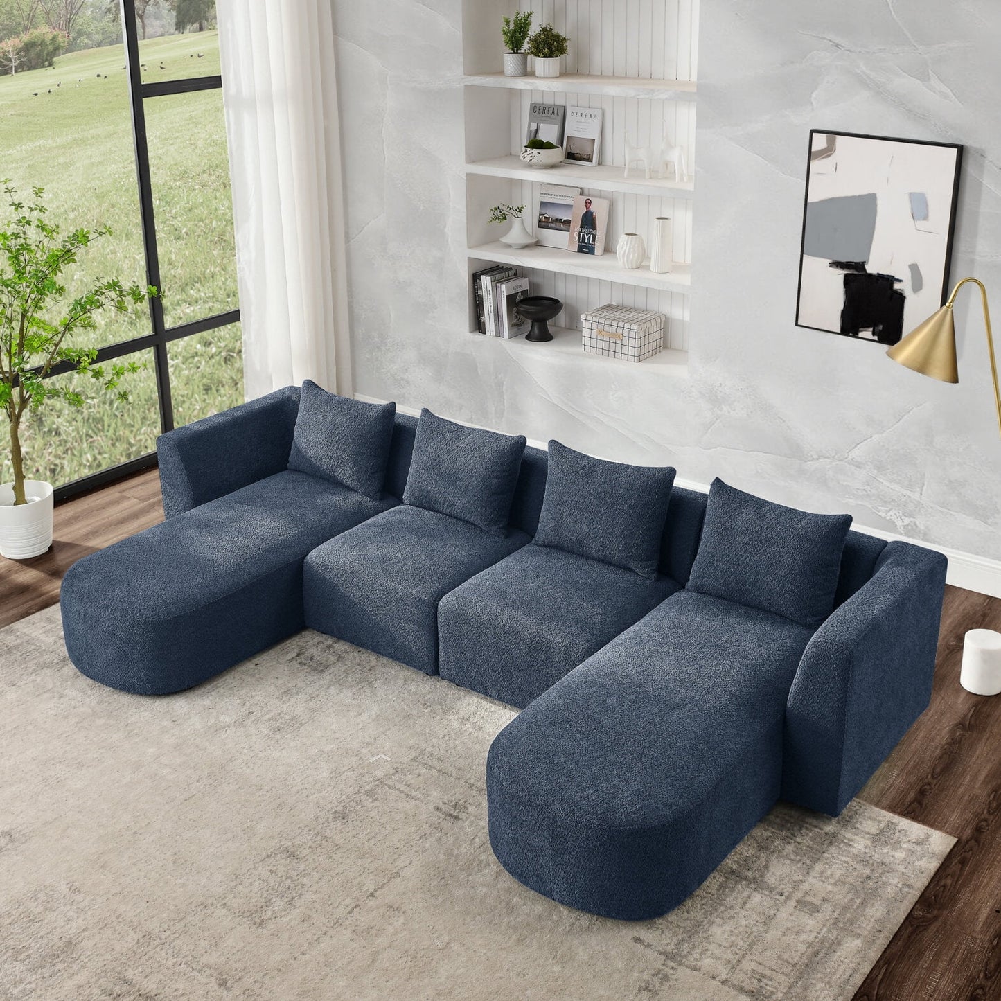 U-Shaped Modular Sofa with 2 Chaises, 2 Seats, Ottoman, Waist Pillows, Navy Upholstery