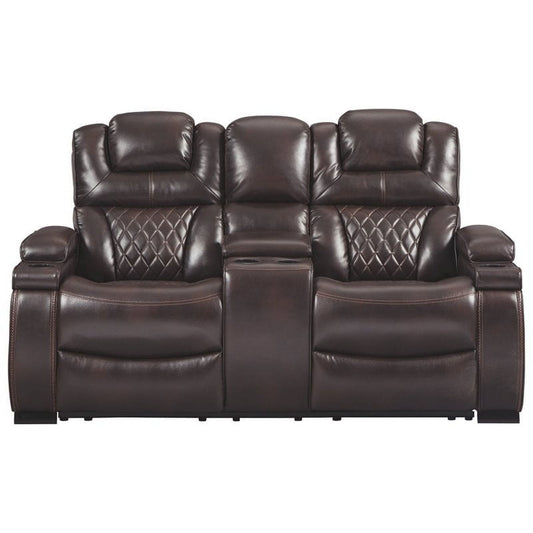 Ashley Warnerton Power Dual Reclining Loveseat with Console, Characteristic with Faux Leather in Chocolate