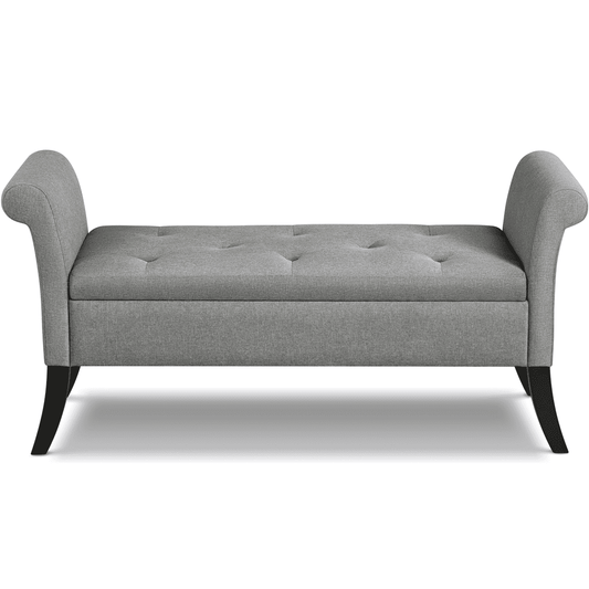 Alden Design Button Tufted Ottoman Storage Bench with Rolled Arms, Light Gray Fabric