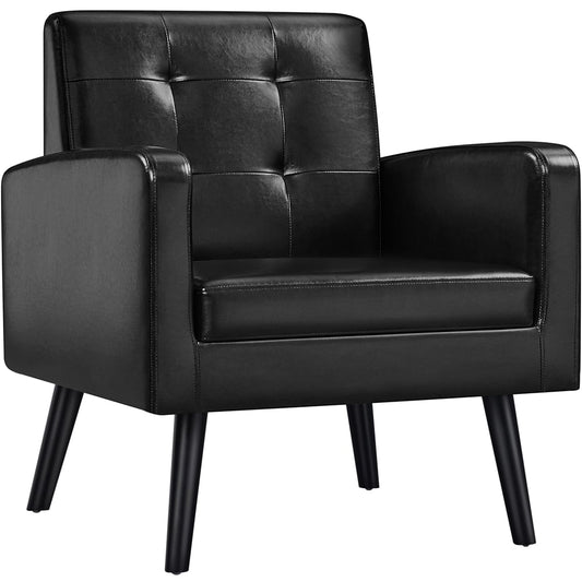 Alden Design Mid Century Faux Leather Tufted Accent Chair for Living Room, Black