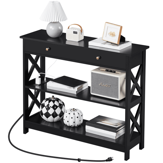 Alden Design Wooden Console Table with Power Outlet & Drawer for Entryway, Black