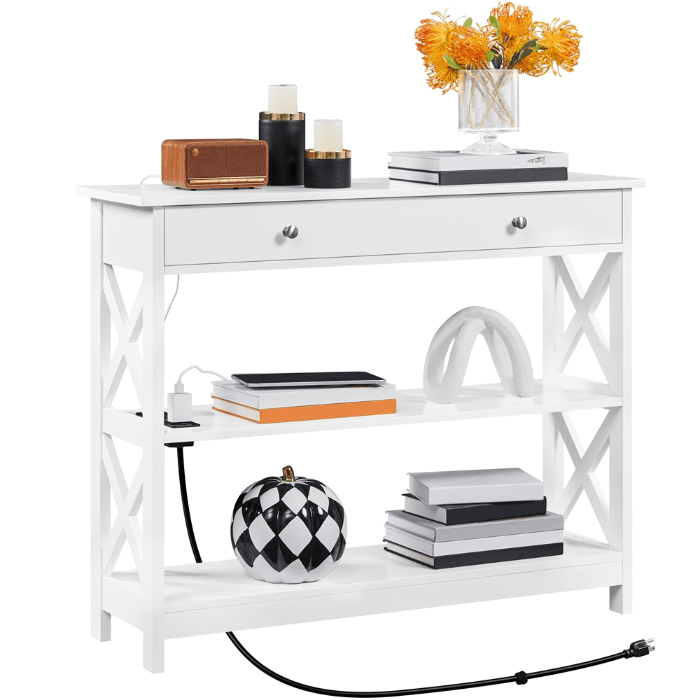 Alden Design Wooden Console Table with Power Outlet & Drawer for Entryway, White