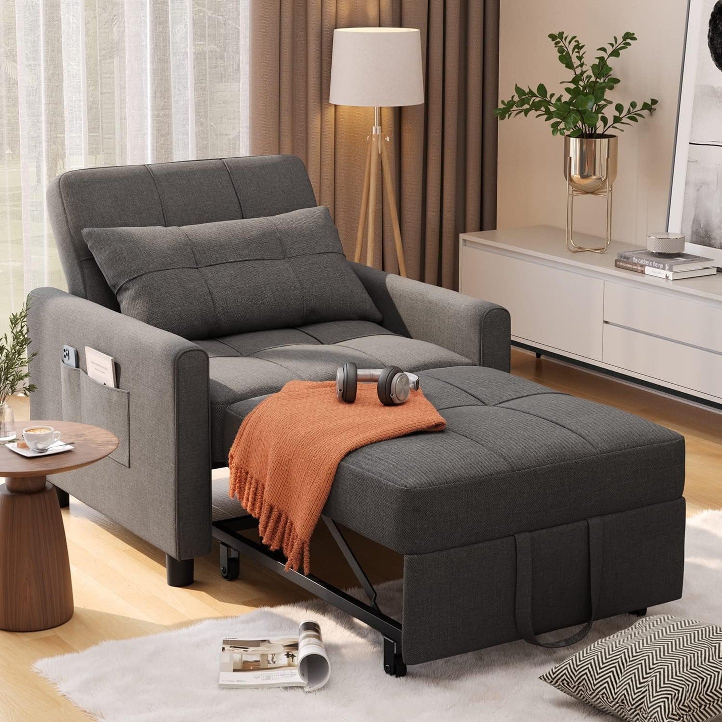 Aihos Dark Grey 3-in-1 Convertible Chair Single Bed, Sofa-An Recliner, Folds to Sleeper
