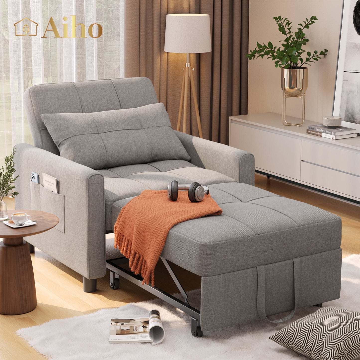 Aiho 3 in 1 Convertible Combo Couch, Foldable Single Sofa Bed Chair, Grey