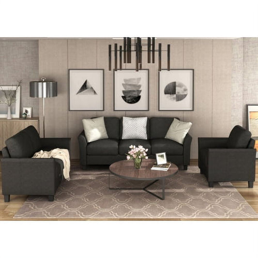 3 Piece Black Sofa Set including Armchair, Loveseat and Couch, Fully Upholstered Living Room Furniture