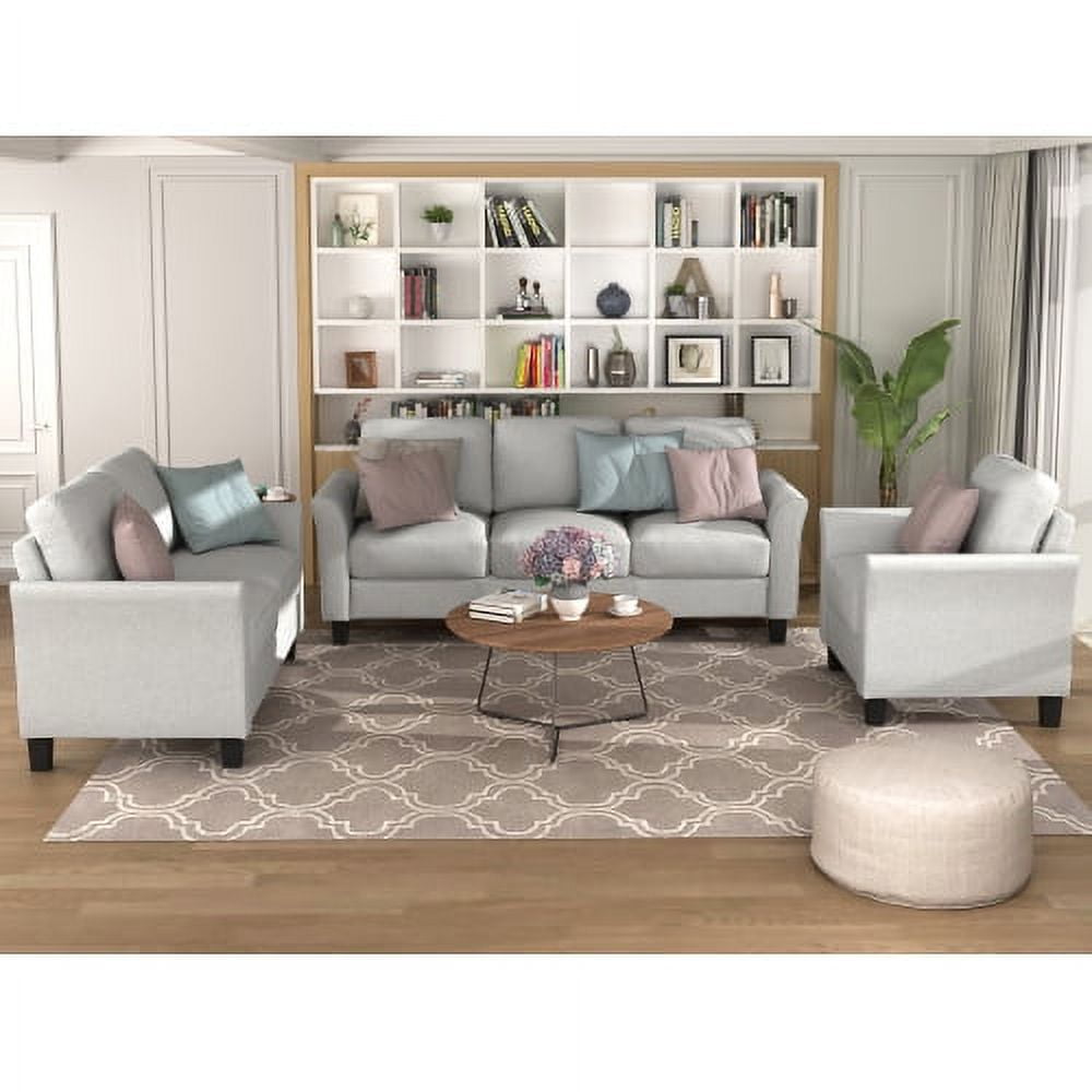 3 Piece Light Gray Sofa Set with Upholstered Fabric Armchair, Loveseat, and Couch