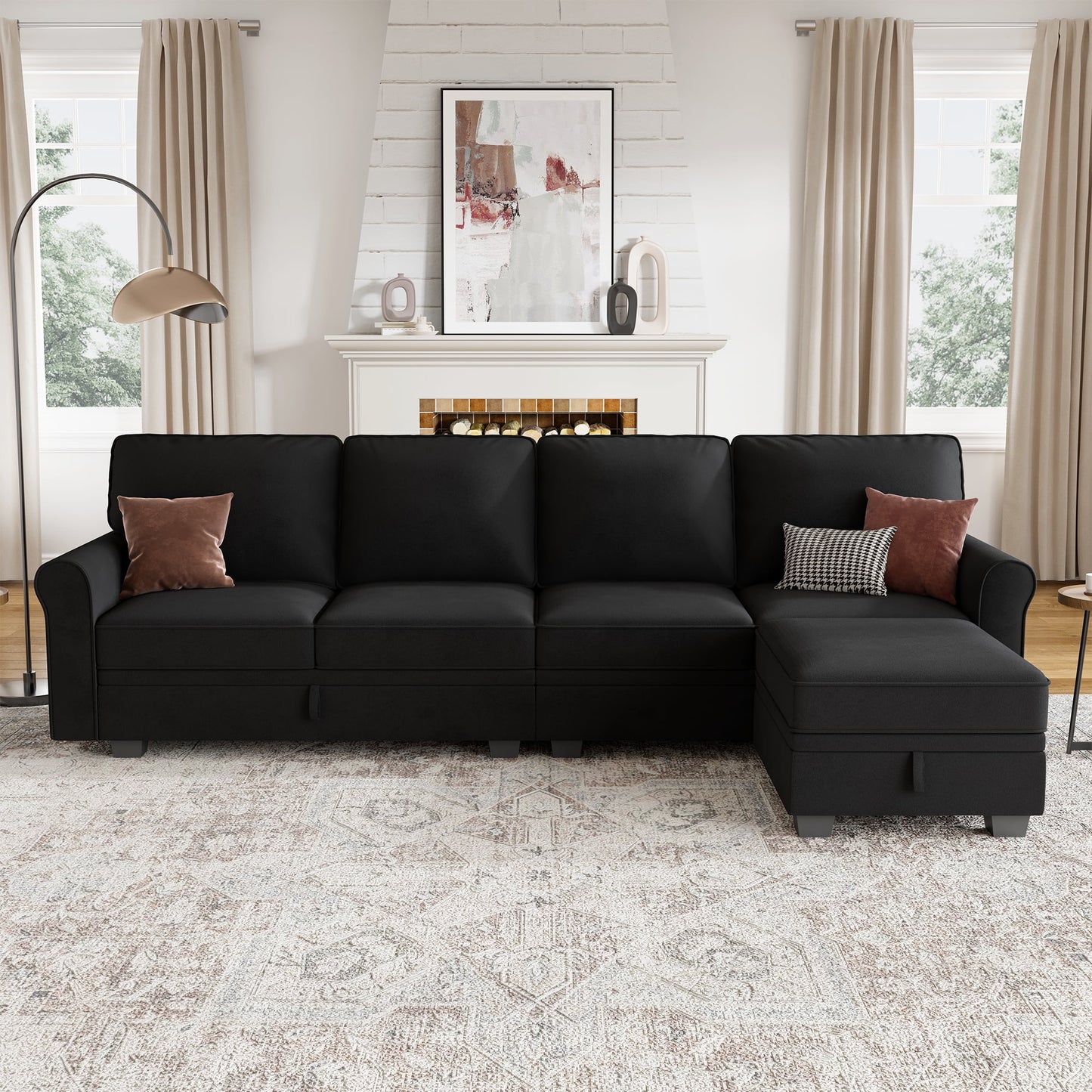 HONBAY 102.4in Velvet L-Shaped Sectional Sofa Upholstered Seat with Hidden Storage for Apartment, Dark Black