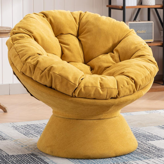 Tabaray 360¨F Swivel Chair, Oversized Chenille Papasan Chair, with Soft Thick Cushion, Comfy Round Swivel Accent Chair with Iron Frame Base, Lazy Chair for Living Room, Bedroom, Lounge, Reading, Yellow