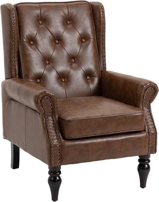 Tabaray Faux Leather Accent Chair, Modern Living Room Chairs, Button Tufted Wingback Armchair with Wood Legs, Upholstered Bedroom Chair with Rivet Decoration, Leisure Reading Chair, Brown