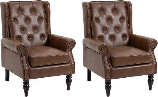 Tabaray Faux Leather Accent Chair Set of 2, Modern Living Room Chairs, Button Tufted Wingback Armchair with Wood Legs, Upholstered Bedroom Chair with Rivet Decoration, Leisure Reading Chair, Brown